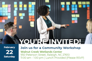 Community Workshop Postcard front with woman placing post-it note on brainstorming list