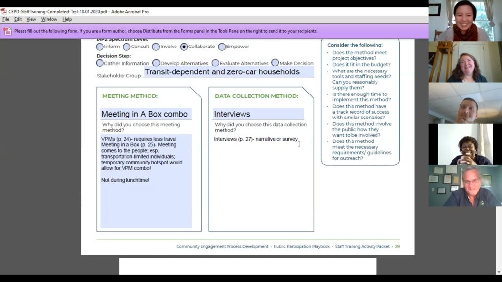 Screen capture of a Zoom small group activity with participants laughing while completing a worksheet