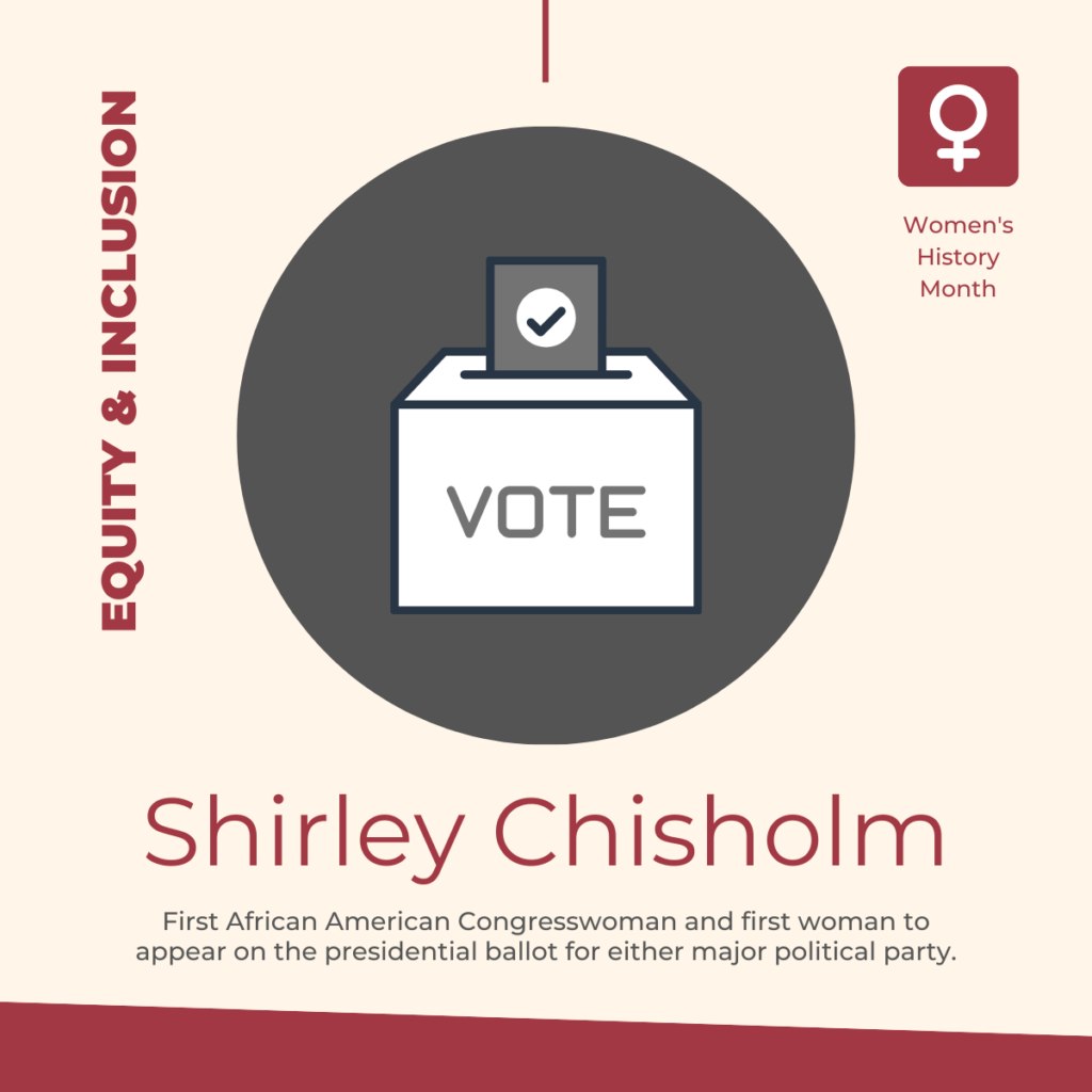 Shirley Chisholm: First African American Congresswoman and first woman to appear on the presidential ballot for either major political party.